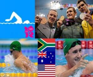 Puzzle Πόντιουμ κολύμβηση 100 m ανδρών breaststroke, Cameron van der Burgh (Νότια Αφρική), Christian Sprenger (Αυστραλία) και Brendan Hansen (Ηνωμένων Πολιτειών) - London 2012 - στυλ